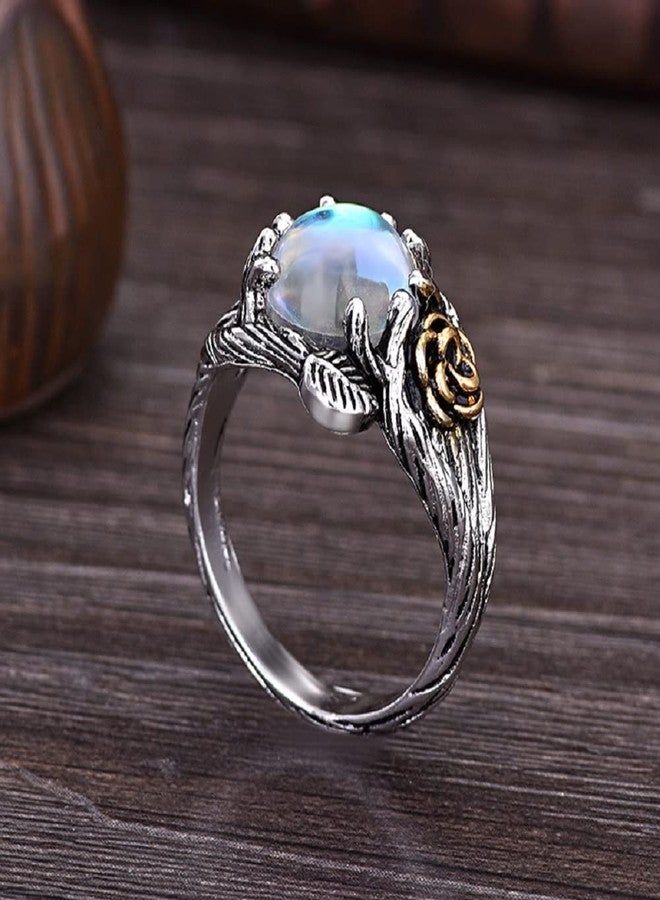 Hsitgexf Unique Vintage Flowering Twig Rainbow Moonstone Engagement Ring for Women,Victorian Style Solitaire Ring Thai Silver Jewelry (US Size 9) - Image 2